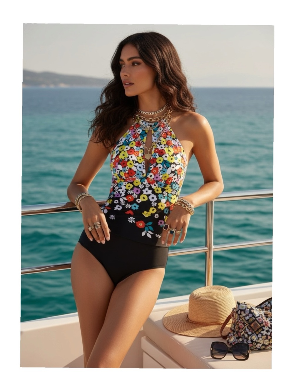 new Anne Cole ✿ Plus Size Floral Print High Neck One Piece Swimsuit ✿ Navy 16